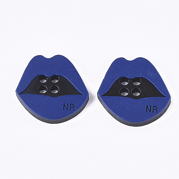 4-Hole Resin Buttons, Lip, Blue, 29.5x30x4.5mm, Hole: 3mm