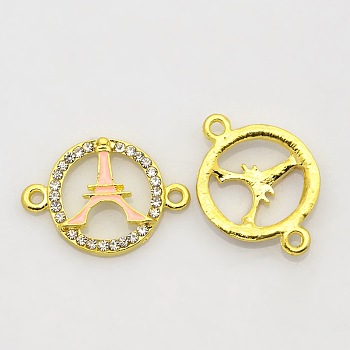 Golden Tone Alloy Enamel Rhinestone Multi-stone Links connectors, Ring with Eiffel Tower, Pink, 25x18x3mm, Hole: 2mm