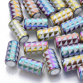 Electroplate Glass Beads, Column with Triangle Pattern, Colorful, 20x10mm, Hole: 1.2mm, about 50pcs/bag