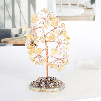 Natural Citrine Chips Tree Decorations, Agate Plate
Base Copper Wire Feng Shui Energy Stone Gift for Home Decoration, 60x125mm