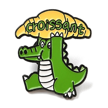 Funny Dinosaur with Croissant Alloy Enamel Pin Brooch for Backpack Clothes, Lime Green, 30x26mm