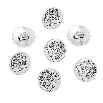 Zinc Metal Alloy Shank Buttons, Flat Round with Tree of Life, Antique Silver, 14.5x7mm, Hole: 2.5mm
