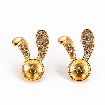 Brass Micro Pave Clear Cubic Zirconia Earring Findings, for Half Drilled Beads, Nickel Free, Rabbit, Real 18K Gold Plated, 16x12.5mm, Pin: 0.6mm, Pin: 0.8mm(for Half Drilled Beads)