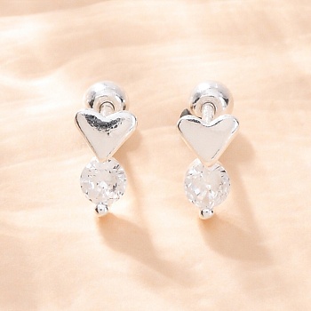 S999 Fine Silver Micro Pave Clear Cubic Zirconia Stud Earrings, Heart, Silver, 7x4mm