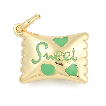 Brass Enamel Charms, with Jump Ring, Candy with Word Sweet Charms, Long-Lasting Plated, Lead Free & Cadmium Free, Rack Plating, Real 18K Gold Plated, Spring Green, 10.5x13.5x5.5mm, Hole: 3mm