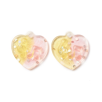 Two Tone Transparent Resin Pendants, with Glitter Powder, Heart Charm with Music Note Pattern, Pink, Gold, 20x20x5mm, Hole: 2mm