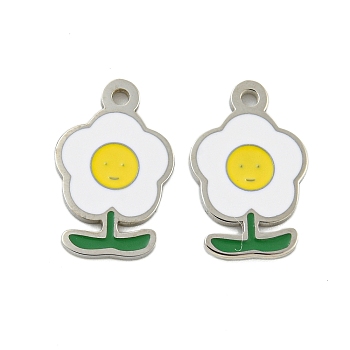 304 Stainless Steel Charms, with Enamel, Flower with Smiling Face Charm, Stainless Steel Color, White, 13x8x1mm, Hole: 1mm