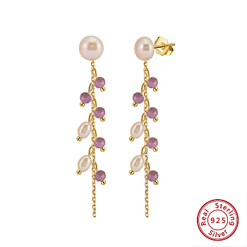 Natural Lepidolite & Natural Freshwater Pearl & 925 Sterling Silver Leaf Dangle Stud Earrings for Women, Real 14K Gold Filled, 54.5x7.5mm