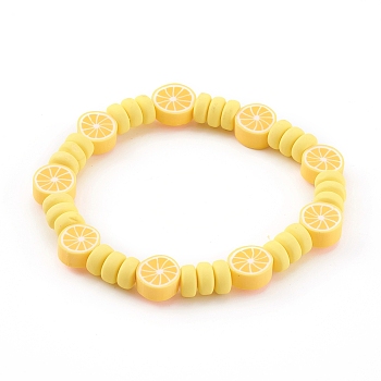 Handmade Polymer Clay Lemon Stretch Beaded Bracelets, Yellow, Inner Diameter: 2 inch(5.2cm)