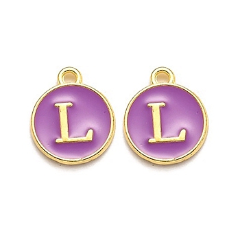 Golden Plated Alloy Enamel Charms, Enamelled Sequins, Flat Round with Alphabet, Letter.L, Purple, 14x12x2mm, Hole: 1.5mm