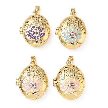 4Pcs 4 Colors Brass Micro Pave Clear Cubic Zirconia Photo Locket Pendants, Oval with Flower Hamsa Hand Charms, with Enamel, Golden, Mixed Color, 22.5x17x7.5mm, Hole: 5x2.5mm, Inner Diameter: 15.5x11.5mm, 1pc/color