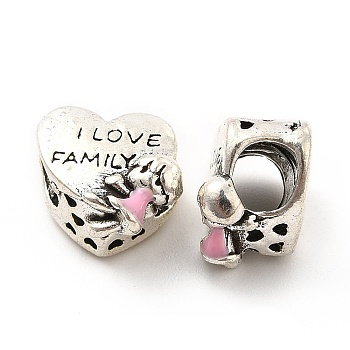 Rack Plating Alloy Enamel European Beads, Large Hole Beads, Heart with Girl & Word I Love Family, Antique Silver, 12x12x9mm, Hole: 5mm