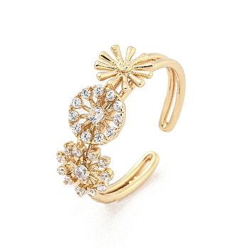 Brass Micro Pave Cubic Zirconia Cuff Rings, Flower Open Rings for Women, Long-Lasting Plated, Golden, Adjustable