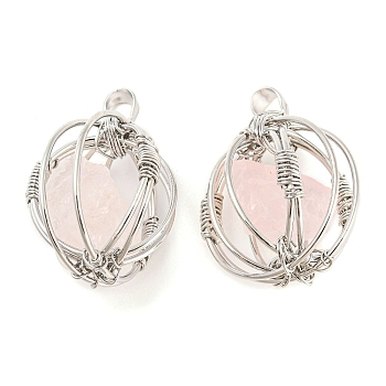 Natural Rose Quartz Pendants, Ball Charms with Rack Plating Platinum Plated Brass Findings, Lead Free & Cadmium Free, 32.5~33.5x28.5~30.5x24~26.5mm, Hole: 8.5x5mm