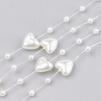 ABS Plastic Imitation Pearl Beaded Trim Garland Strand, Great for Door Curtain, Wedding Decoration DIY Material, Heart and Round, Beige, 9x9mm and 3mm, about 60m/roll