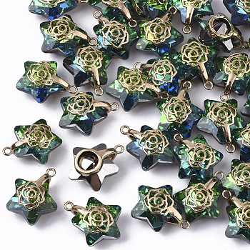 Electroplate Glass Pendants, with Light Gold Plated Brass Ice Pick Pinch Bails, Faceted, Star with Rose, Green, 16x13.5x7mm, Hole: 1.2mm