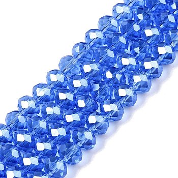 Electroplate Glass Beads Strands, Pearl Luster Plated, Faceted, Rondelle, Royal Blue, 8x6mm, Hole: 1mm, about 64~65pcs/strand, 40~41cm