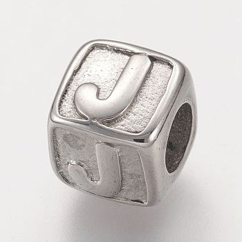 304 Stainless Steel European Beads, Horizontal Hole, Large Hole Beads, Cube with Letter.J, 8x8x8mm, Hole: 4mm