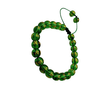 Dyed Natural Quartz Crystal Round Braided Bead Bracelet, Om Mani Padme Hum Adjustable Bracelet, Green