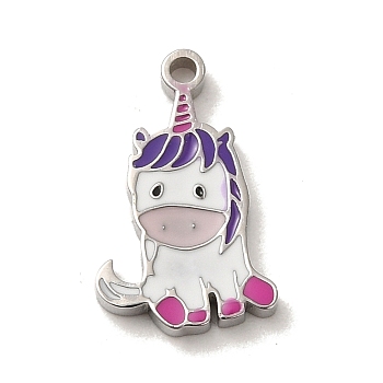 304 Stainless Steel Enamel Charms, Unicorn Charm, Stainless Steel Color, 14x8.5x1mm, Hole: 1mm