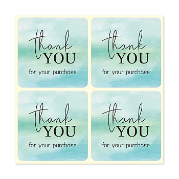 Thank You Stickers, Square Paper Adhesive Labels, Decorative Sealing Stickers for Christmas Gifts, Wedding, Party, Medium Aquamarine, 40x40mm, 4pcs/sheet, 25 sheets/bag, 100pcs/bag