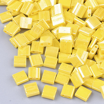 2-Hole Opaque Glass Seed Beads, Lustered, Rectangle, Gold, 5x4.5~5.5x2~2.5mm, Hole: 0.5~0.8mm