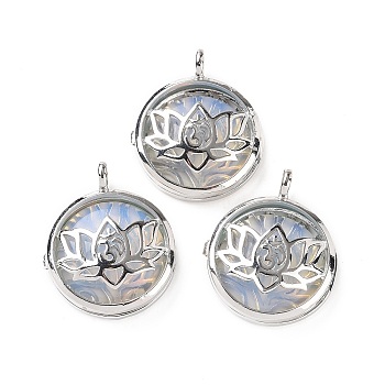 Opalite Locket Pendants, Flat Round Charms, with Platinum Plated Brass Lotus Findings, 31.5x27x9mm, Hole: 4.6mm