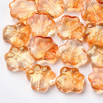 Transparent Spray Painted Glass Beads, with Glitter Powder, Dog Paw Prints, Coral, 11x12x4.5mm, Hole: 1mm