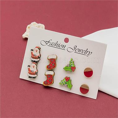 4 Pairs Santa Claus & Holly Leaves & Christmas Socking Printed Wood Stud Earrings(EJEW-OY001-02)-5