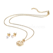 304 Stainless Steel Rhinestone Jewelry Sets, Flat Round with Tree of Life Pendant Necklaces and Stud Earrings, Cable Chains, Lobster Claw Clasps and Ear Nuts, Crystal, Golden, 18.11 inches(46cm); 15x5.5mm, Pin: 0.7mm(SJEW-H301-04G)