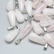 Natural Rose Quartz Pendants, with Stainless Steel Snap On Bails, teardrop, 28~30x10~12mm, Hole: 6x4mm(G-T081-21)