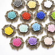 Resin Cabochons, with Antique Bronze Plated Alloy Findings, Flower, Mixed Color, 26x26x7mm(RB-S066-06AB)