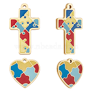8Pcs 2 Style Vacuum Plating 304 Stainless Steel Enamel Pendants, Manual Polishing, Heart/Cross with Puzzle Pattern, Real 18K Gold Plated, 15~25x15x1mm, Hole: 1.2~1.4mm, 4pcs/style(STAS-BBC0002-15)