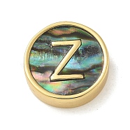 Brass Beads, with Resin Imitation Paua Shell, Flat Round, Real 14K Gold Plated, Letter Z, 13.5x4mm, Hole: 1.6mm(KK-U046-17G-Z)