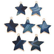 Natural Agate Pendants, with Light Gold Plated Iron Findings, Star, Dyed & Heated, Prussian Blue, 29~34x25~31x4~6.5mm, Hole: 2mm(G-N326-129D)