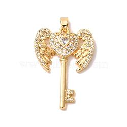 Brass Micro Pave Clear Cubic Zirconia Pendants, Nickle Free, Key with Flying Heart , Real 18K Gold Plated, 29x20x3mm, Hole: 3mm(KK-M294-15G)