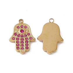 PVD Vacuum Plating 201 Stainless Steel Rhinestone Pendants, Real 18K Gold Plated, Hamsa Hand/Hand of Miriam Charms, Fuchsia, 17.5x12x2.5mm, Hole: 1.4mm(STAS-J401-VC573)