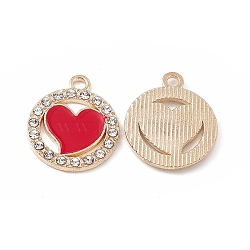 Alloy Crystal Rhinestone Pendants, with Enamel, Flat Round with Heart Charms, Light Gold, 19x16x2mm, Hole: 1.8mm(FIND-C019-27KCG)