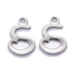 304 Stainless Steel Pendants, Alphabet, Stainless Steel Color, Letter.S, 11.5x8x1mm, Hole: 1.5mm(STAS-Z023-S)