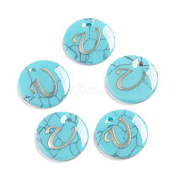 Synthetic Turquoise Charms, with Plastic Letter, Flat Round, Letter.U, 15x2mm, Hole: 1.5mm(G-L561-001U)