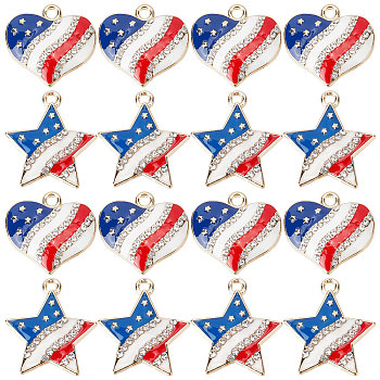 20Pcs 2 Style Alloy Enamel Pendants, with Crystal Rhinestone, Light Gold, Heart & Star, Mixed Color, 18.5x20x3.5mm and 22x20x3.5mm, 10pcs/style
