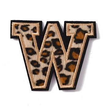 Polyester Computerized Embroidery Cloth Iron On Sequins Patches, Leopard Print Pattern Stick On Patch, Costume Accessories, Appliques, Letter.W, 60x72x1.5mm