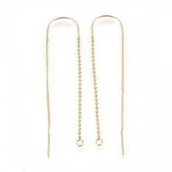 Brass Earring Findings, with Loop, Ear Thread, with Chains, Nickel Free, Real 18K Gold Plated, 72.5mm, Hole: 1.5mm, Pin: 0.9mm