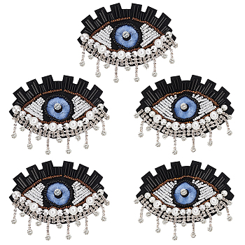 5Pcs Evil Eye Cloth Embroidered Appliques, Rhinestone & Plastic Beading Ornament Accessories, Sewing Craft Decoration, Black, 82x52x7mm