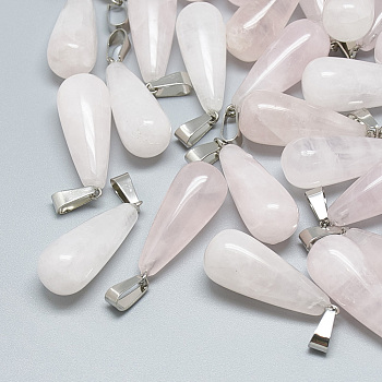 Natural Rose Quartz Pendants, with Stainless Steel Snap On Bails, teardrop, 28~30x10~12mm, Hole: 6x4mm