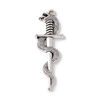 Tibetan Style Alloy Pendants, Sword with Snake Charm, Antique Silver, 39.5x13.5x2.8mm, Hole: 1.5mm