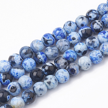 Dyed Natural Fire Crackle Agate Beads Strands, Round, Royal Blue, 8~8.5mm, Hole: 1mm, about 48pcs/strand, 14.9 inch