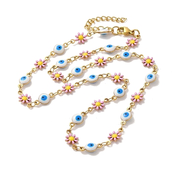 304 Stainless Steel Necklaces, Enamel Copper Multicolor Daisy Flower with Evil Eye Chain Necklaces, Golden, 15.98 inch(40.6cm)
