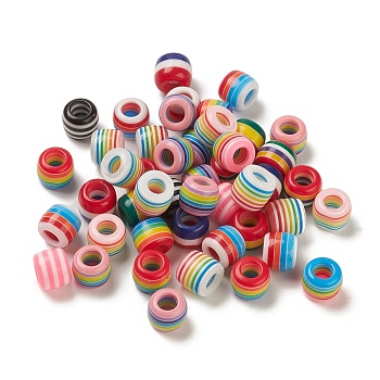 100Pcs Rainbow Striped Resin European Beads, Large Hole Beads, Mixed Color, Barrel, 11.5x10mm, Hole: 6mm