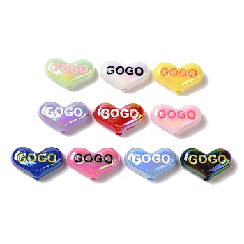 UV Plating Acrylic Beads, Heart with GOGO, Mixed Color, 13.5x22x7mm, Hole: 2.5mm